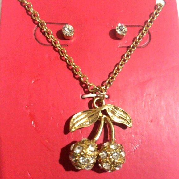 Gold-tone Cherry Pendant Necklace & Crystal Stud Earrings – Women's Jewelry - Picture 1 of 8
